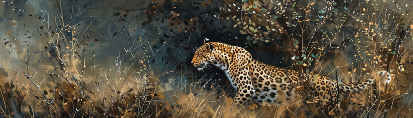 The Leopards Silent Hunt A leopard stalking through the brush a blend of grace and power in the wild Natural intense moment