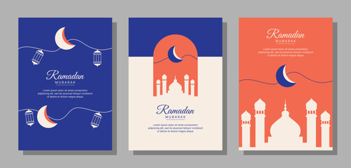 Set of vector A4 size ramadan mubarak for posters, cards, covers, and others. Beautiful designs in soft pastel colors with stylish moon, lantern and mosque. - obrazy, fototapety, plakaty