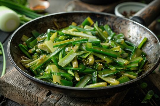 Pan Filled With Green Vegetables on Wooden Table
