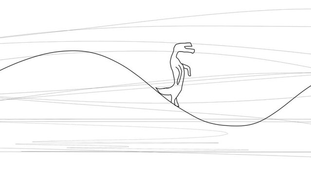 As the animation progresses, the lines and undulating surface change. There are various lizards or dinosaurs standing on it.