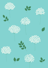 Pattern vector illustration of white flowers and green leaves.