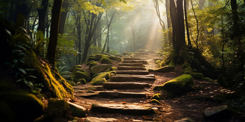 Stairs in the forest with sunbeams Beautiful summer landscape