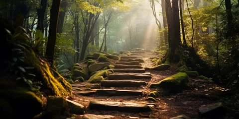 Fotobehang Stairs in the forest with sunbeams Beautiful summer landscape © Saim