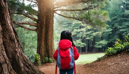 Naklejka na ściany i meble Little girl with red clothing and red backpack wandering in the woods for adventure