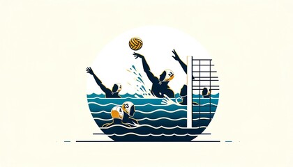 A dynamic illustration of water polo players in a match with splashing water, a ball in mid-air, and a goalpost, in a minimalist style.Sport concept.AI generated.