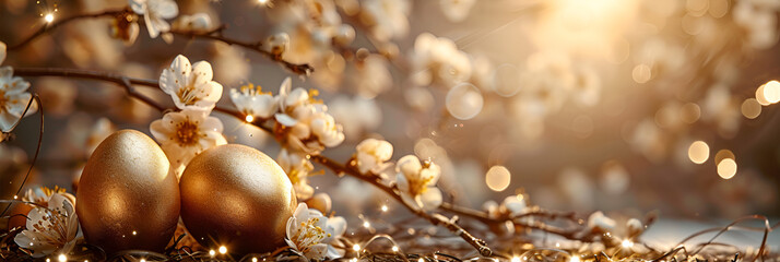  Golden Easter Eggs on Grass Covered Field flower branches sun light  background Easter celebration concept  banner and wallpaper   - obrazy, fototapety, plakaty