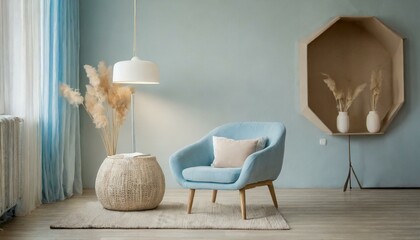 Fototapeta na wymiar Modern minimalistic interior design with light blue tones