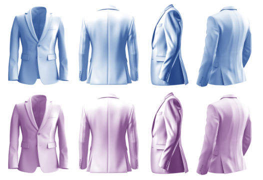 2 Set of pastel light blue purple violet, front back side view, business collar suit blazer jacket coat on transparent background cutout, PNG file. Mockup template for artwork graphic design - Powered by Adobe