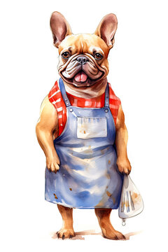 a watercolor French bulldog donning a chefs hat and apron