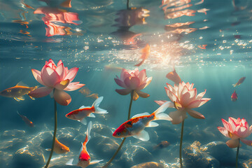 pink lotus flowers in pond with fishes