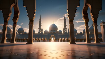 3D Illustration of a beautiful mosque at sunset. Ramadan Kareem background