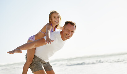 Father, child and portrait or airplane on beach holiday together or flying game on summer vacation,...