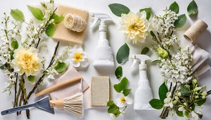 lavender and soap, wallpaper An array of spring cleaning supplies with a fresh, natural floral motif arranged neatly on a white background An array of spring cleaning supplies with a fresh, natur