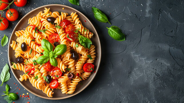 Pasta with vegetables and herbs on a black background, top view