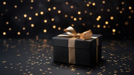 Black gift box on black shiny background. Vintage image birthday concept