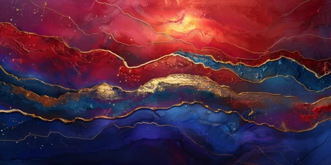 Keuken spatwand met foto Red and Blue Painting Texture in the Style of Kintsugi - Cosmic Landscape Red and Gold Flowing Forms in Layered Background Texture created with Generative AI Technology © Sentoriak