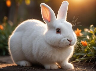 white rabbit on the grass. close up portrait of little cute white rabbit