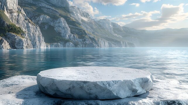Stone Table at the Edge of the Water in Realistic Landscape