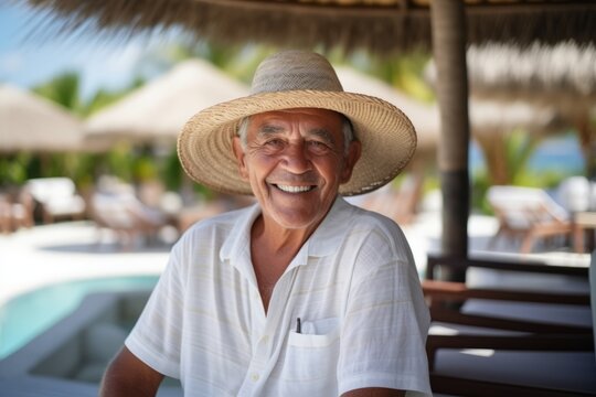 Portrait of happy senior man in straw hat relaxing at swimming pool
