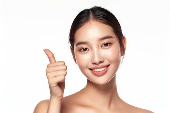 Beautiful asian woman perfect skin showing thumbs