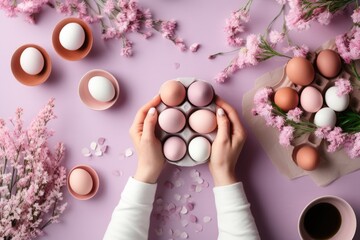 Women's hands hold a palette of Easter eggs on a pink background.