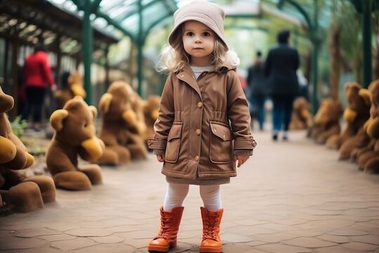 Cute little girl with teddy bear in the park, outdoors shot