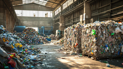Large Amount of Trash Piled Up in a Warehouse at a Garbage Processing Plant