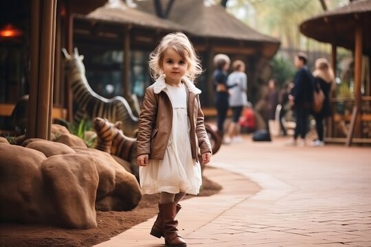 Cute little girl walking in the park, outdoor shot with shallow depth of field