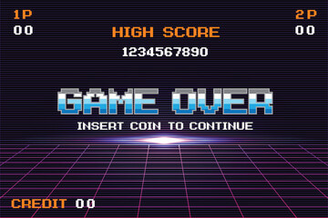 GAME OVER INSERT A COIN TO CONTINUE .Synth wave wireframe net illustration. pixel art .8 bit game. retro game. for game assets .Retro Futurism Sci-Fi Background. glowing neon grid. and stars. - obrazy, fototapety, plakaty