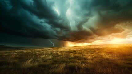 Storm clouds above a field and the sun driving them away - obrazy, fototapety, plakaty