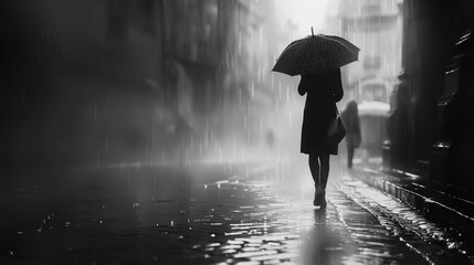 A girl with an umbrella on a street, black and white image