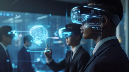 group of businessmen wearing advanced virtual reality (VR) headsets
