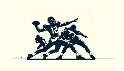Silhouette of a quarterback throwing a football during a game with teammates in defensive positions around him, rendered in a minimalist black and white style.Sport concept.AI generated.