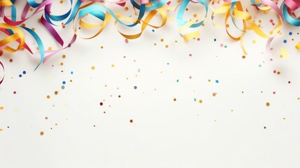 Colorful serpentine streamers and confetti on light birthday background, flat lay. Space for text