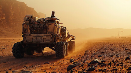 The rover explores the surface of Mars. Mars exploration concept - obrazy, fototapety, plakaty
