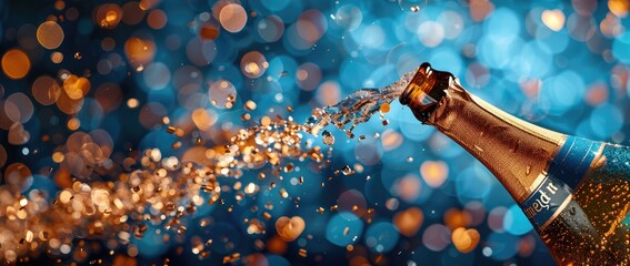 Opened champagne bottle with glitter and confetti. Festive background. top view - obrazy, fototapety, plakaty