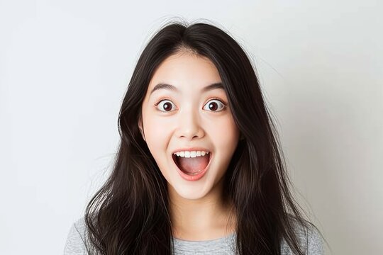 happy excited pretty asian woman FACE isolated on white background photo
