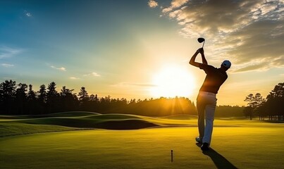 Swinging for the Golden Shot: A Man Perfecting His Golf Swing at Sunset