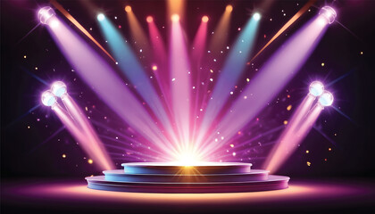 Podium-with-light-lamps-background--colourful-light-award-stage-with-rays-and-sparks, background with lights