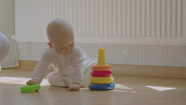 Cute Baby boy in sunlight play with rings from pyramid toy, focus learn, warm indoor environment, development milestone. Fun Infant engage in cognitive game. Child enjoy playtime crawl on wood floor.