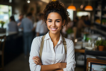 Portrait of Female Barista Folding Hands and Wearing Apron in Coffee Shop