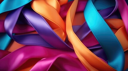 many silk multi-colored ribbons on a colored background, top view birthday concept