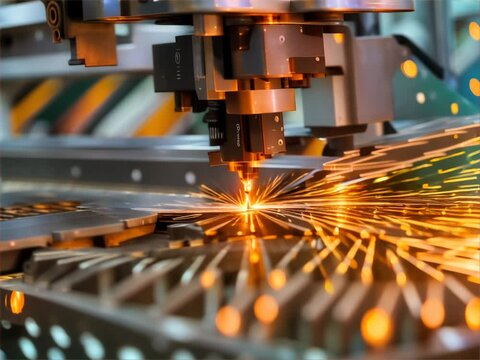 Sparks fly in the industrial setting as machines cut metal with laser precision is operating.