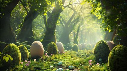  A mystical scene set in a lush forest bathed in sunlight, with a trail of decorated Easter eggs nestled among the vibrant greenery.