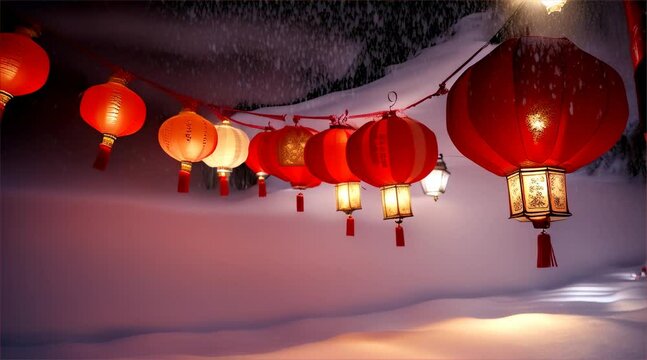 Chinese New Year lanterns light up the snowy night sky with festive decorations and bright lights celebrating the spirit of the holiday.