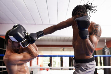 Men, kickboxing and punch for fight in ring, fitness and topless for exercise and workout. People,...