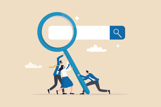 Search new job, finding candidate or discover talent, hiring and recruitment, SEO search engine optimization, find career opportunity concept, business people HR push magnifying glass on search bar.