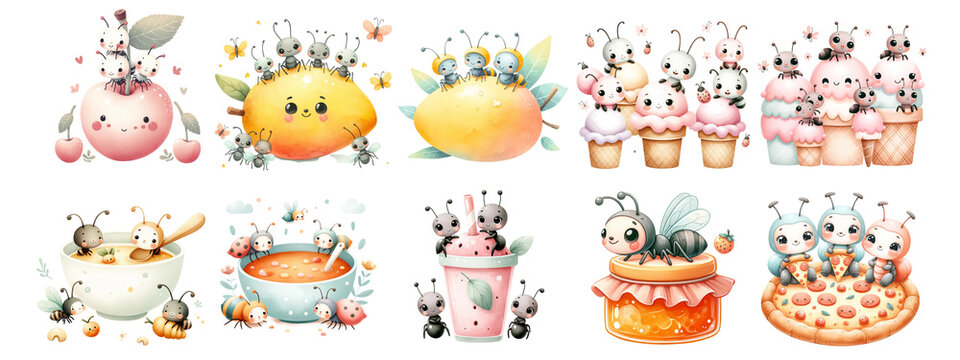 Cute watercolor animals on white background.Isolated image.