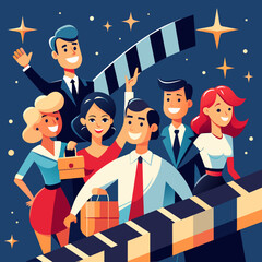Cartoonish filmstrip characters attending a movie premiere. vektor illustation