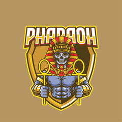 Vector Illustration Skull wearing traditional egyptian costume carrying egyptian symbols with PHARAOH text Esport logo